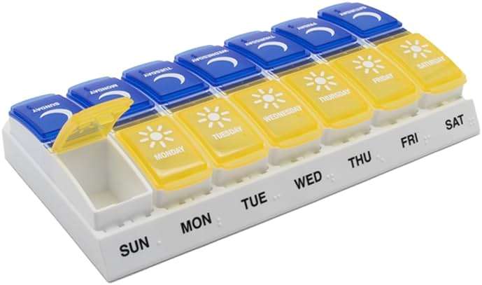 EZY DOSE Weekly (7-Day) AM/PM Pill Organizer, Daily Vitamin Container and Medicine Box, Large Pop-Out Compartments, Designed for Travel, 2 Times a Day, Blue and Yellow Lids - Image 1