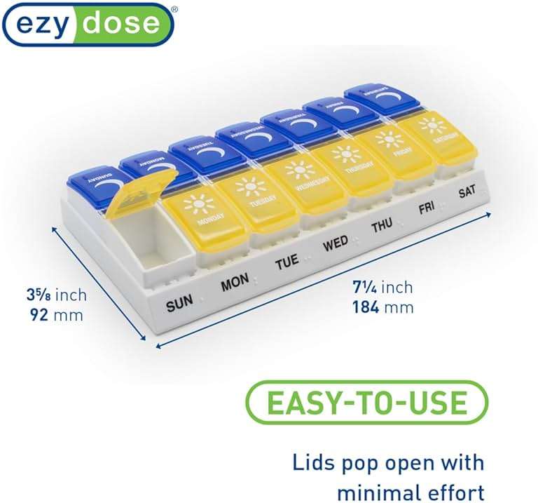 EZY DOSE Weekly (7-Day) AM/PM Pill Organizer, Daily Vitamin Container and Medicine Box, Large Pop-Out Compartments, Designed for Travel, 2 Times a Day, Blue and Yellow Lids - Image 3