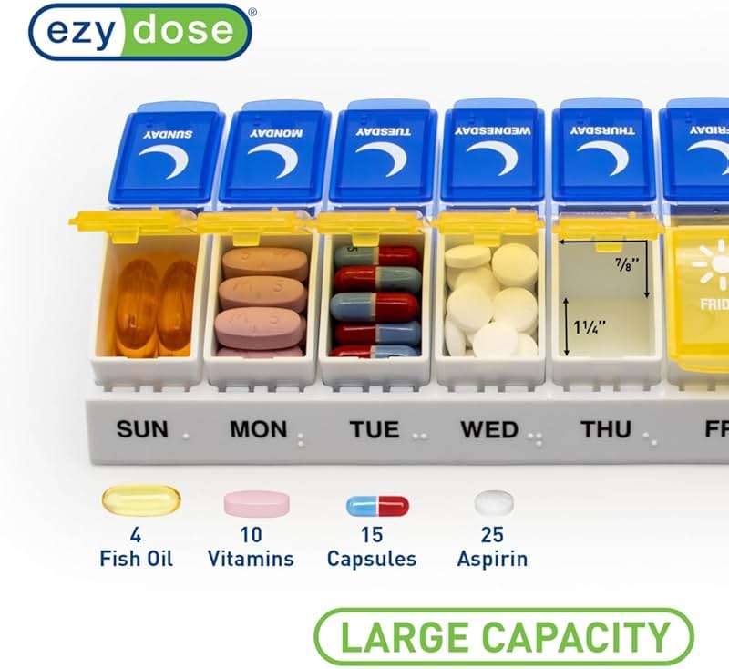 EZY DOSE Weekly (7-Day) AM/PM Pill Organizer, Daily Vitamin Container and Medicine Box, Large Pop-Out Compartments, Designed for Travel, 2 Times a Day, Blue and Yellow Lids - Image 4