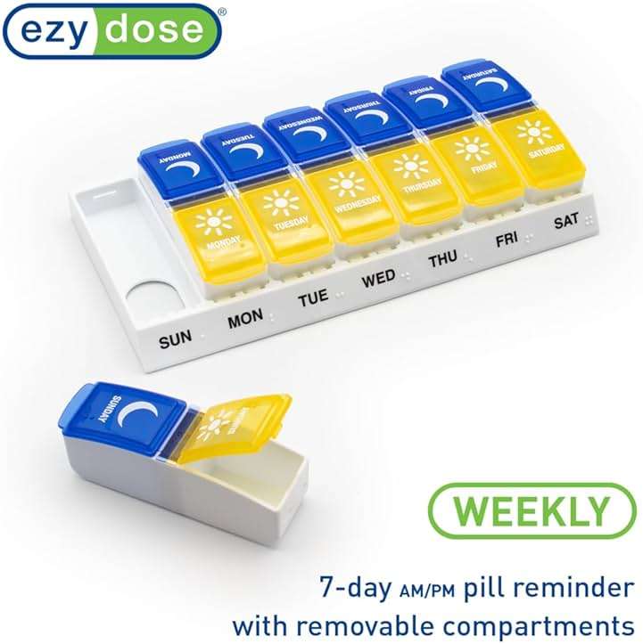 EZY DOSE Weekly (7-Day) AM/PM Pill Organizer, Daily Vitamin Container and Medicine Box, Large Pop-Out Compartments, Designed for Travel, 2 Times a Day, Blue and Yellow Lids - Image 5