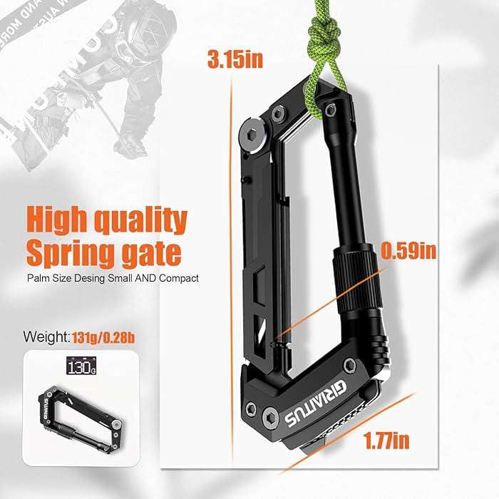 Carabiner Multitool 8-in-1 EDC Carabiners Pocket Knife, Serrated Knife, Rope Cutter, Screwdriver, Can Bottle Opener, Ruler, Survival Gear for Camping Climbing Hiking, Gifts for Men (Black) - Image 2