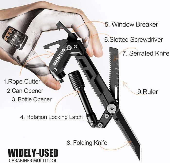 Carabiner Multitool 8-in-1 EDC Carabiners Pocket Knife, Serrated Knife, Rope Cutter, Screwdriver, Can Bottle Opener, Ruler, Survival Gear for Camping Climbing Hiking, Gifts for Men (Black) - Image 3