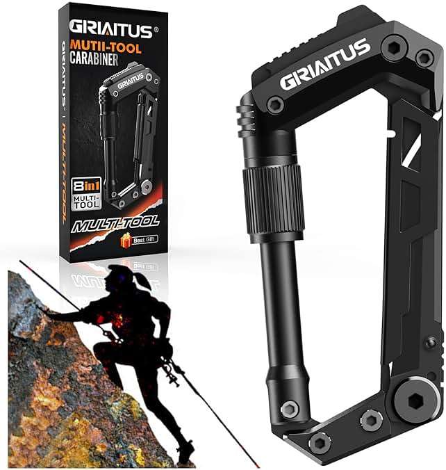 Carabiner Multitool 8-in-1 EDC Carabiners Pocket Knife, Serrated Knife, Rope Cutter, Screwdriver, Can Bottle Opener, Ruler, Survival Gear for Camping Climbing Hiking, Gifts for Men (Black) - Image 8