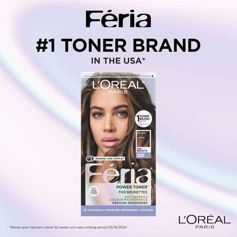 L’Oreal Paris Feria Toner, Long Lasting Anti-Brass Hair Toner for Brunettes, Vegan and Ammonia-Free Hair Care Formula, Iced Brunette, 1 Kit - Image 2