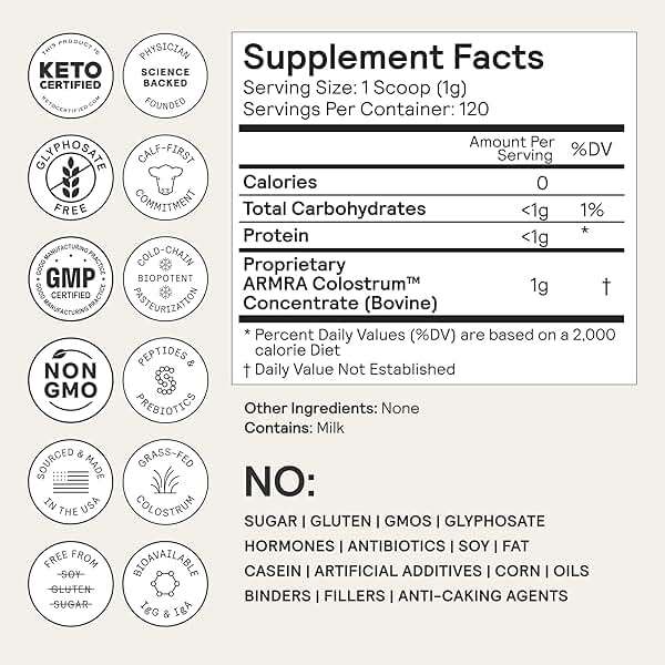 ARMRA Colostrum Powder | Unflavored | Gut Health & Bloating | Skin & Hair | Immunity | Keto, Gluten & Fat-Free | 120 Servings - Image 7
