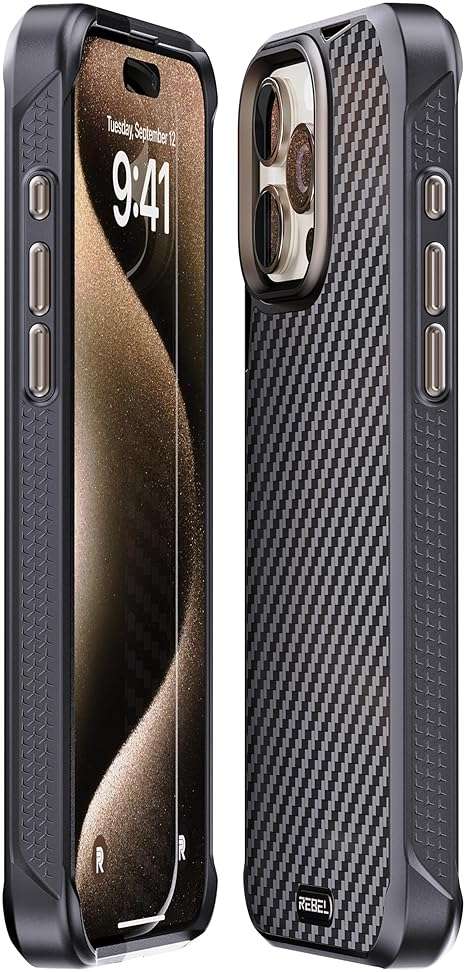 REBEL Case for iPhone 15 Pro Max [Gen-5 Aramid Fiber] Strong MagSafe Compatible, Grippy Sides, Shockproof Corners, Metal Lens + Buttons, Upgraded Protective Design, 6.7 Inch Phone 2023 (Black) - Image 5