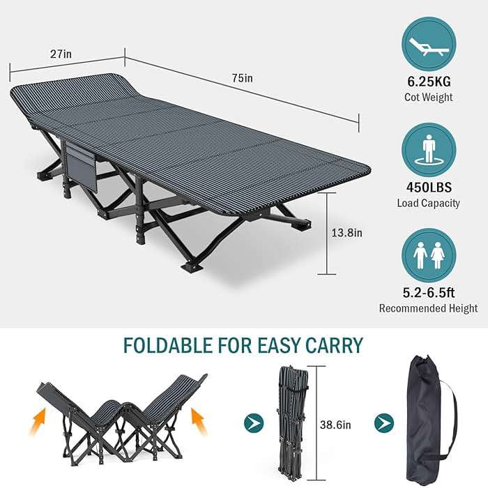 Mopaicot Camping Cot for Adults, Folding Bed with Comfortable Cushion, Tent Portable Sleeping Bed with Carry Bag for Camp, Office Use, Outdoor, Traveling Supports 450 lbs - Image 2