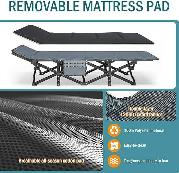 Mopaicot Camping Cot for Adults, Folding Bed with Comfortable Cushion, Tent Portable Sleeping Bed with Carry Bag for Camp, Office Use, Outdoor, Traveling Supports 450 lbs - Image 4