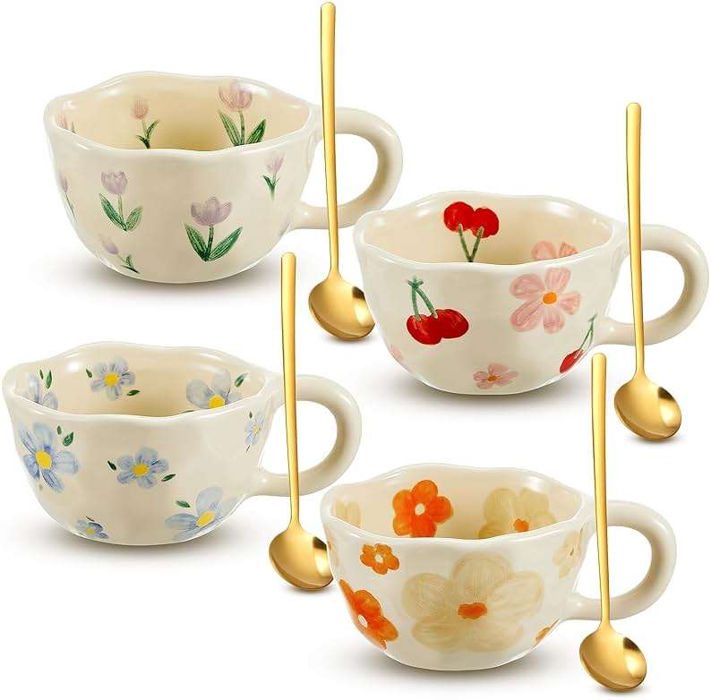 Vesici 4 Pack Ceramic Flower Coffee Mug with Spoon 8.5 oz, Cute Aesthetic Tea Cups with Handle for Tea, Milk, Latte Mugs for Coffee Bar Women Birthday Housewarming Gifts, Dishwasher Microwave Safe - Image 1