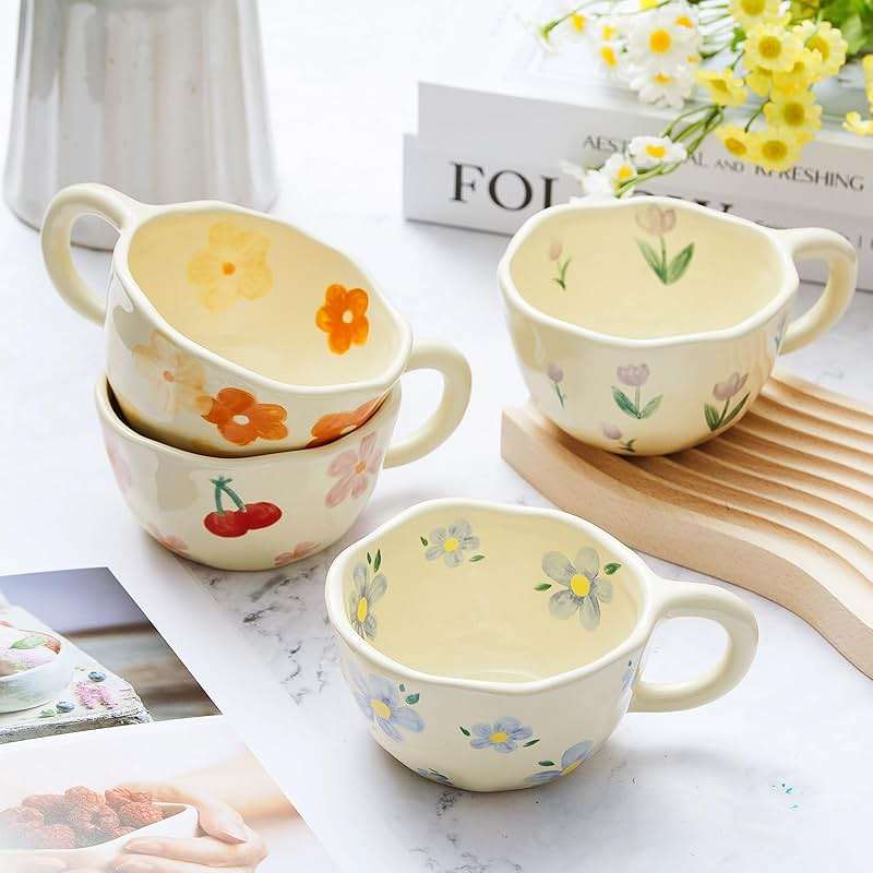 Vesici 4 Pack Ceramic Flower Coffee Mug with Spoon 8.5 oz, Cute Aesthetic Tea Cups with Handle for Tea, Milk, Latte Mugs for Coffee Bar Women Birthday Housewarming Gifts, Dishwasher Microwave Safe - Image 2
