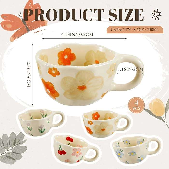 Vesici 4 Pack Ceramic Flower Coffee Mug with Spoon 8.5 oz, Cute Aesthetic Tea Cups with Handle for Tea, Milk, Latte Mugs for Coffee Bar Women Birthday Housewarming Gifts, Dishwasher Microwave Safe - Image 3