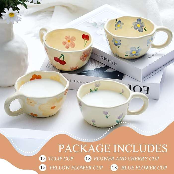 Vesici 4 Pack Ceramic Flower Coffee Mug with Spoon 8.5 oz, Cute Aesthetic Tea Cups with Handle for Tea, Milk, Latte Mugs for Coffee Bar Women Birthday Housewarming Gifts, Dishwasher Microwave Safe - Image 4
