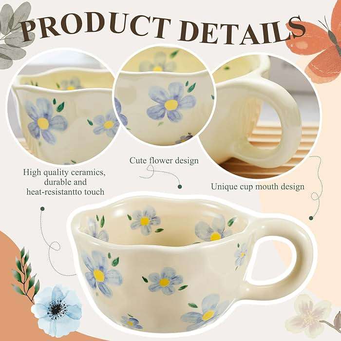 Vesici 4 Pack Ceramic Flower Coffee Mug with Spoon 8.5 oz, Cute Aesthetic Tea Cups with Handle for Tea, Milk, Latte Mugs for Coffee Bar Women Birthday Housewarming Gifts, Dishwasher Microwave Safe - Image 5