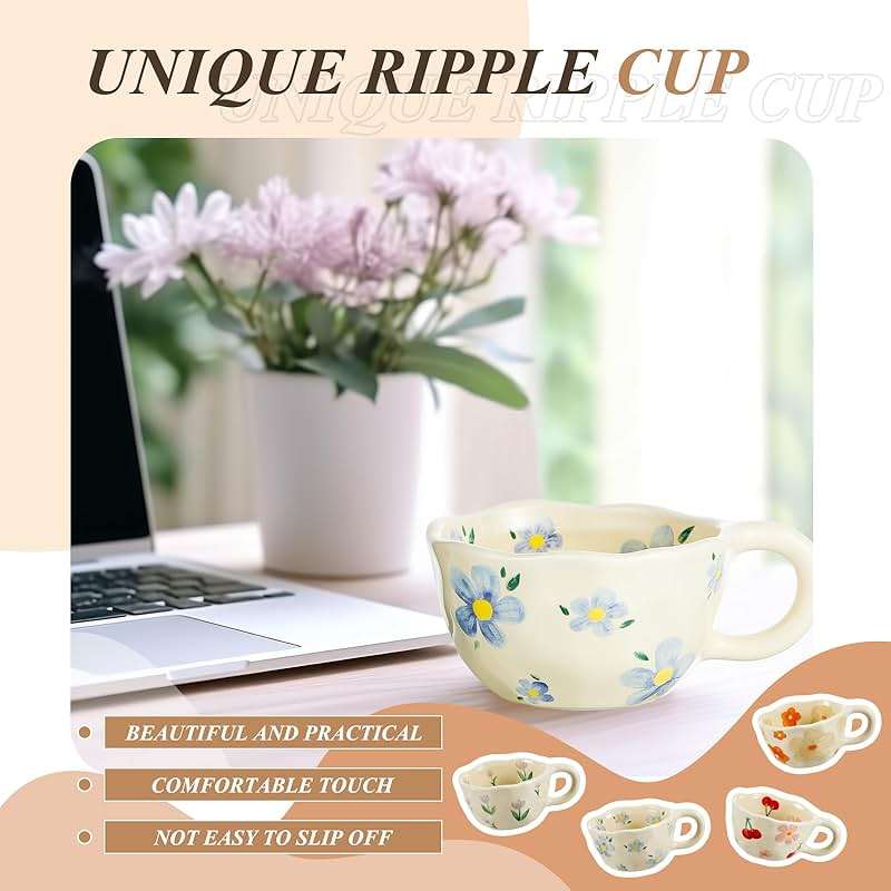 Vesici 4 Pack Ceramic Flower Coffee Mug with Spoon 8.5 oz, Cute Aesthetic Tea Cups with Handle for Tea, Milk, Latte Mugs for Coffee Bar Women Birthday Housewarming Gifts, Dishwasher Microwave Safe - Image 6