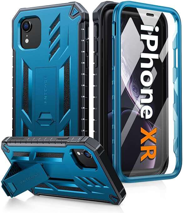 FNTCASE for iPhone XR Phone Case: [Built-in Screen Protector & Kickstand] [Military Grade Drop Protection] Heavy Duty Full Protective Matte Textured Shockproof TPU Rugged Phone Cover - Blue - Image 1