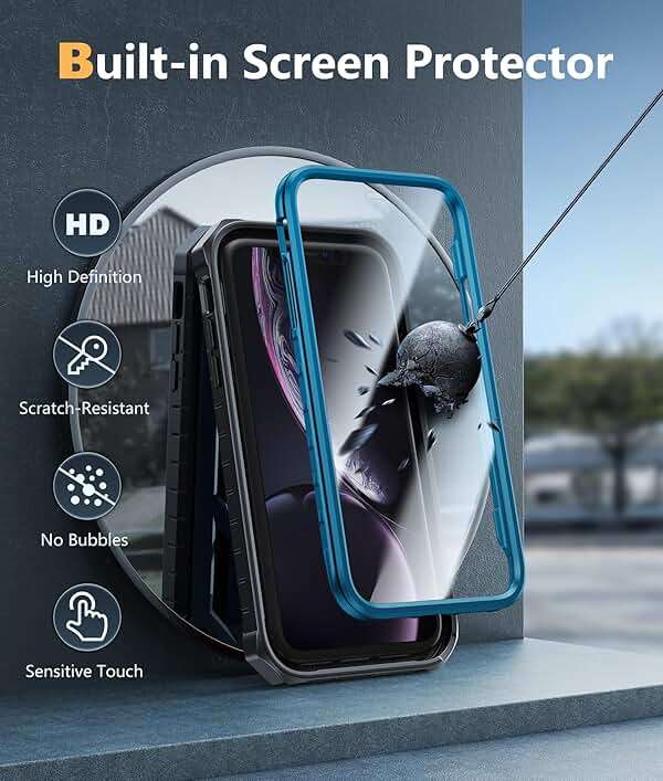FNTCASE for iPhone XR Phone Case: [Built-in Screen Protector & Kickstand] [Military Grade Drop Protection] Heavy Duty Full Protective Matte Textured Shockproof TPU Rugged Phone Cover - Blue - Image 4
