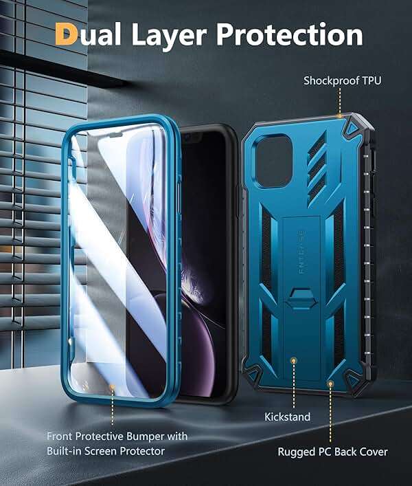 FNTCASE for iPhone XR Phone Case: [Built-in Screen Protector & Kickstand] [Military Grade Drop Protection] Heavy Duty Full Protective Matte Textured Shockproof TPU Rugged Phone Cover - Blue - Image 6