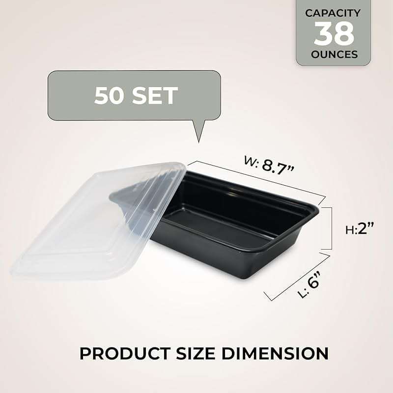 Klex 38 Oz, 50 Sets Meal Prep Containers with Airtight Lids, BPA Free, Reusable Plastic Food Container, 38 oz, Rectangular, Black/Clear, 50 Sets - Image 2