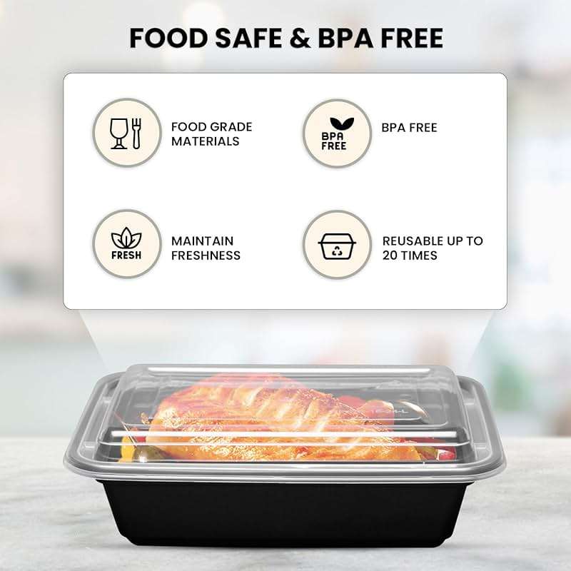 Klex 38 Oz, 50 Sets Meal Prep Containers with Airtight Lids, BPA Free, Reusable Plastic Food Container, 38 oz, Rectangular, Black/Clear, 50 Sets - Image 3