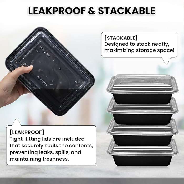 Klex 38 Oz, 50 Sets Meal Prep Containers with Airtight Lids, BPA Free, Reusable Plastic Food Container, 38 oz, Rectangular, Black/Clear, 50 Sets - Image 4
