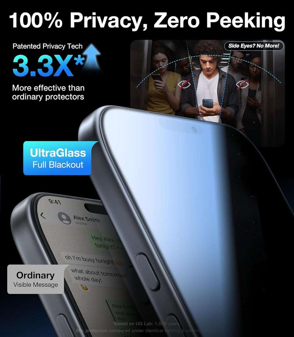 UltraGlass 9H+ Armor for iPhone 15 Pro Max Privacy Screen Protector [NO.1 Military Grade Shatterproof] Privacy Screen iPhone 15 Pro Max Tempered Glass [100% Anti Spy] Longest Durable 2 Packs, 6.7'' - Image 3