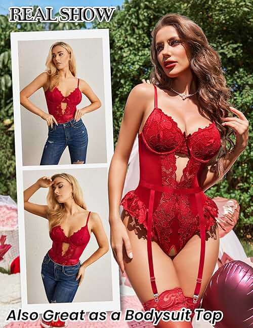 Avidlove Lingerie for Women Mesh Lace Bodysuit Sexy Wireless Garter Lingerie Set Teddy Lingerie(No Stockings) - Image 7