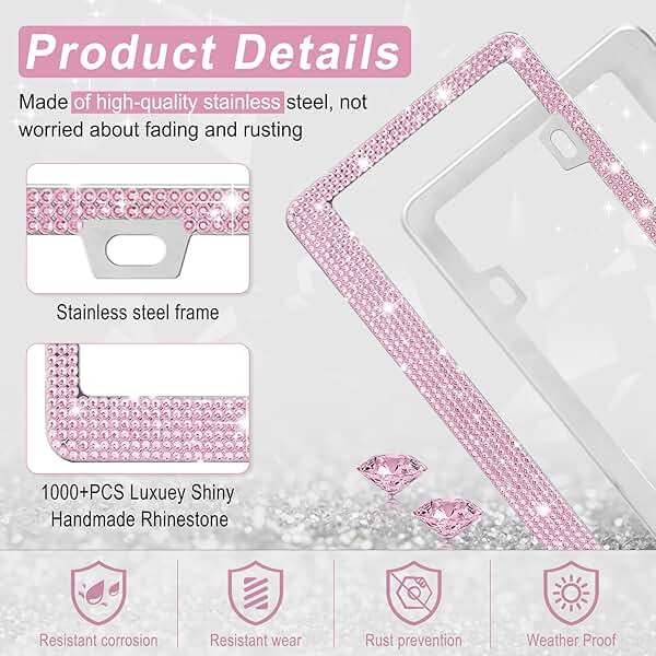 Amiss Bling License Plate Frame for Women, 2Pack Rhinestone Handcrafted Crystal Premium Stainless Steel, Stainless Steel Car Accessories with Diamond Sparkle Glitter Caps (Pink) - Image 3