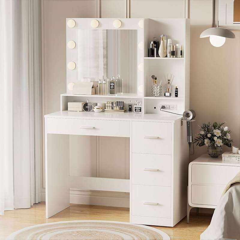 YESHOMY 39" Vanity Desk with Mirror & Lights, Makeup Vanity Table with Power Outlet & Storage Drawers, 3 Color LED Lighting, Dressing Table for Bedroom, White - Image 1