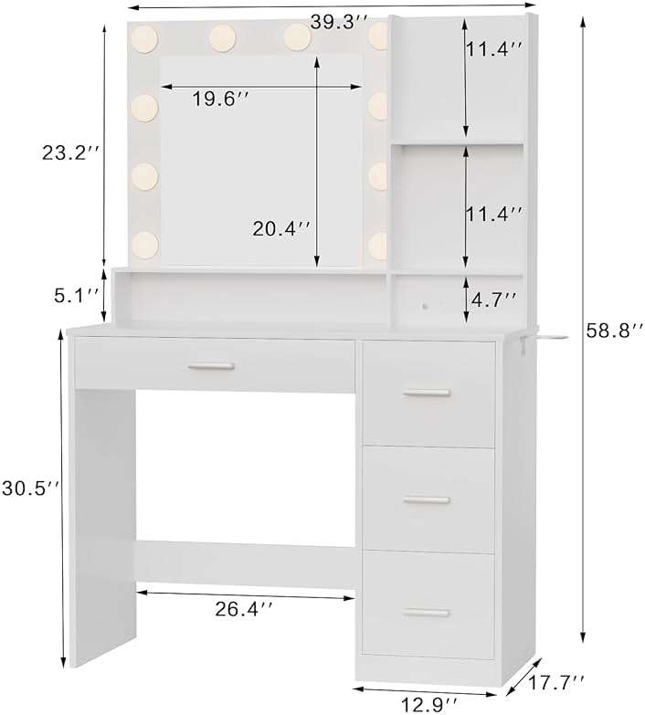 YESHOMY 39" Vanity Desk with Mirror & Lights, Makeup Vanity Table with Power Outlet & Storage Drawers, 3 Color LED Lighting, Dressing Table for Bedroom, White - Image 2