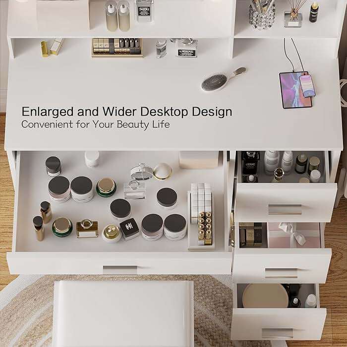 YESHOMY 39" Vanity Desk with Mirror & Lights, Makeup Vanity Table with Power Outlet & Storage Drawers, 3 Color LED Lighting, Dressing Table for Bedroom, White - Image 3