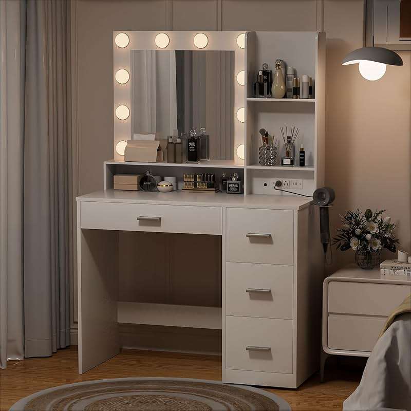 YESHOMY 39" Vanity Desk with Mirror & Lights, Makeup Vanity Table with Power Outlet & Storage Drawers, 3 Color LED Lighting, Dressing Table for Bedroom, White - Image 4