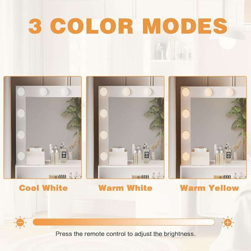 YESHOMY 39" Vanity Desk with Mirror & Lights, Makeup Vanity Table with Power Outlet & Storage Drawers, 3 Color LED Lighting, Dressing Table for Bedroom, White - Image 5