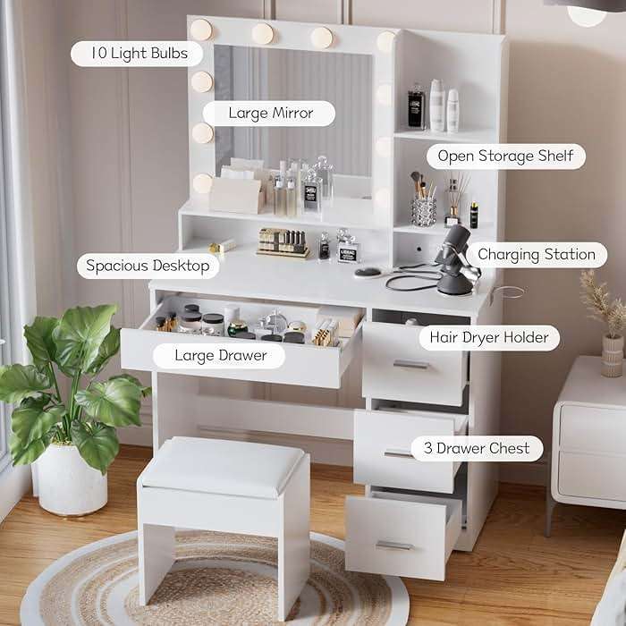 YESHOMY 39" Vanity Desk with Mirror & Lights, Makeup Vanity Table with Power Outlet & Storage Drawers, 3 Color LED Lighting, Dressing Table for Bedroom, White - Image 7