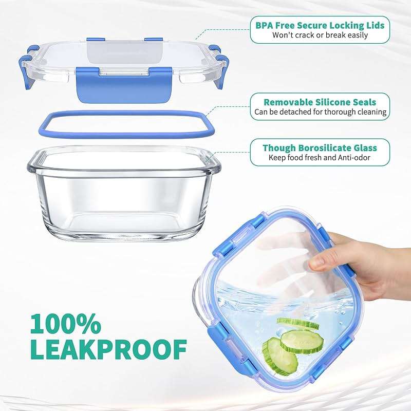 34pcs Glass Food Storage Containers with Lids Set, Airtight Glass Meal Prep Containers (17 Containers & 17 Lids), Leak Proof Lunch Container BPA-Free, Microwave, Oven, Freezer, Dishwasher Safe-Blue - Image 3
