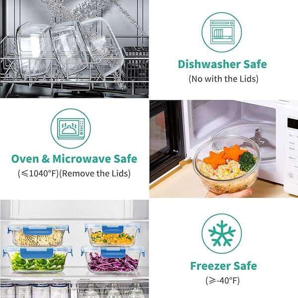 34pcs Glass Food Storage Containers with Lids Set, Airtight Glass Meal Prep Containers (17 Containers & 17 Lids), Leak Proof Lunch Container BPA-Free, Microwave, Oven, Freezer, Dishwasher Safe-Blue - Image 4