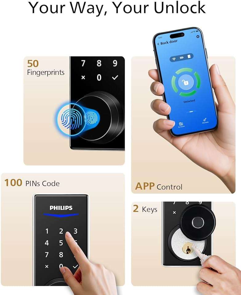 Philips Fingerprint Smart Lock, Keyless Entry Door Lock, Smart Door Locks for Front Door, Keypad Deadbolt, APP Control, 9-Month Long Battery - Image 2