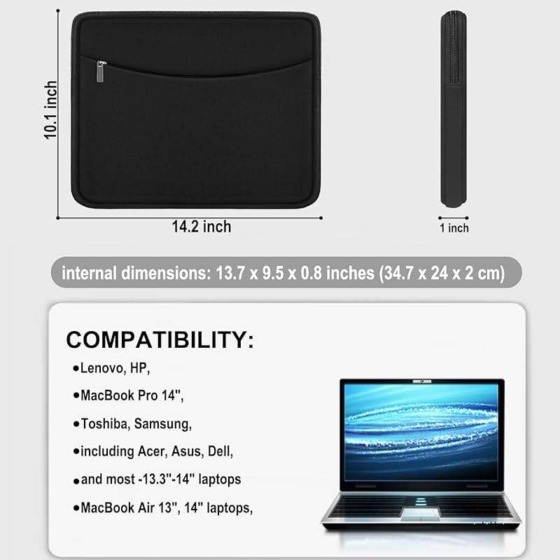 Laptop Sleeve Case 14 inch, Shockproof Protective Laptop Cover Briefcase Carrying Computer Bag with Accessory Pocket Portable Computer Sleeve for 14" MacBook, HP, Dell, Lenovo, Acer, Black - Image 5