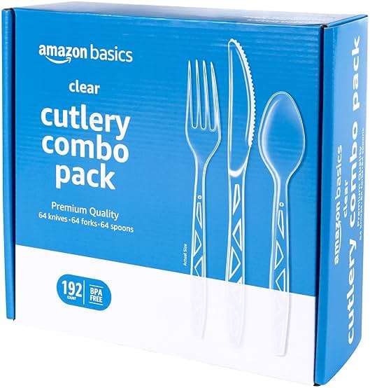Amazon Basics Disposable Clear Plastic Cutlery Set, Premium Quality, Strong, 192 Count, Large Combo Pack Forks, Spoons and Knives - Image 1