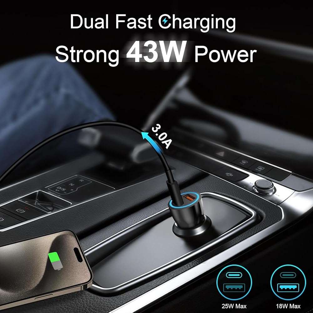 iPhone 17 16 15 Car Charger, [Apple MFi Certified] USB C Car Charger 43W Fast Charging with 3.3 FT Type C to C Cable, USB Car Adapter for iPhone 17/17 Pro/17 Pro Max/Air/16/15 - Image 2