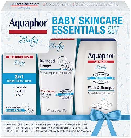 Aquaphor Baby Skin Care Essentials Gift Set with Baby Wash and Shampoo (16.9 Fl Oz) + Healing Ointment for Chapped Skin and Drool Rash (7Oz) + Diaper Rash Cream (3.5Oz), Hypoallergenic - Image 1