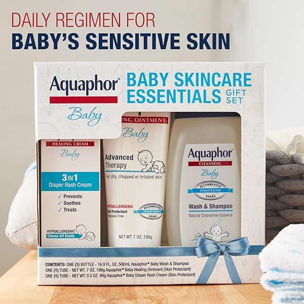 Aquaphor Baby Skin Care Essentials Gift Set with Baby Wash and Shampoo (16.9 Fl Oz) + Healing Ointment for Chapped Skin and Drool Rash (7Oz) + Diaper Rash Cream (3.5Oz), Hypoallergenic - Image 2