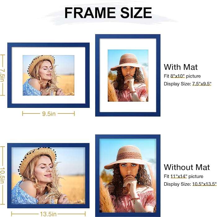 Vittanly 11x14 Picture Frame, Engineered Wood with Shatter Resistant Plexiglass, Display Pictures 8x10 with Mat or 11x14 without Mat, Photo Frame for Wall Mounting, Royal Blue, 1 Pack - Image 5