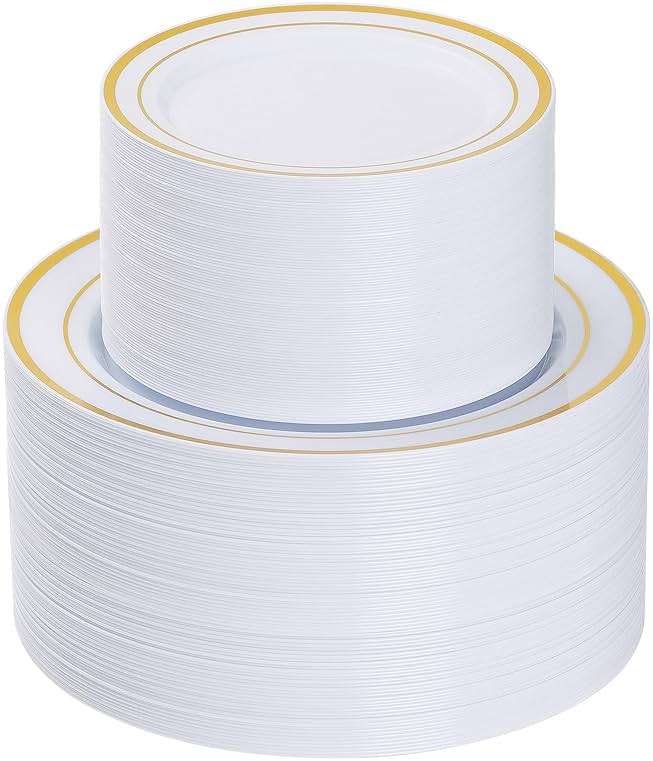 Goodluck 200PCS Gold Plastic Plates, Heavy Duty Disposable Gold Plates with 100 10.25 inch Dinner Plates and 100 7.5 inch Dessert Plates for Party, Holiday, Wedding, Thanksgiving - Image 1