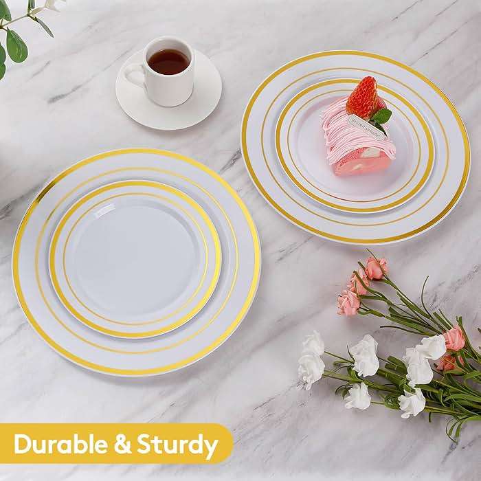 Goodluck 200PCS Gold Plastic Plates, Heavy Duty Disposable Gold Plates with 100 10.25 inch Dinner Plates and 100 7.5 inch Dessert Plates for Party, Holiday, Wedding, Thanksgiving - Image 2