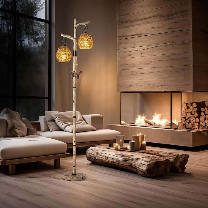 Scenekoy 68.5" Rustic Farmhouse Remote Control Switch Birch Tree Floor lamp with Bird Nest Lantern Shade Vintage Standing Lamp for Living Room Bedroom Hotel Bar Office Wood House(Bulb Included) - Image 5