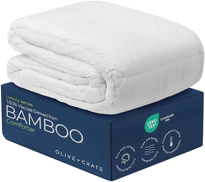 Olive + Crate Cooling Down Alternative Comforter - Hypoallergenic Queen Size Duvet Insert Lightweight - All Seasons Plush Design Bamboo Comforter - 100% Bamboo Viscose Outer Cover - White 88"x90" - Image 1