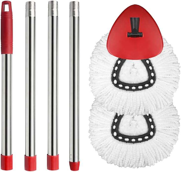 Hibaby 2 Spin Mop Head Replacement, 1 Base, 1 Mop Handle (30-58in) Combo Mops Set Compatible with OCedar EasyWring RinseClean Microfiber Mops (White (1-Tank System)) - Image 1