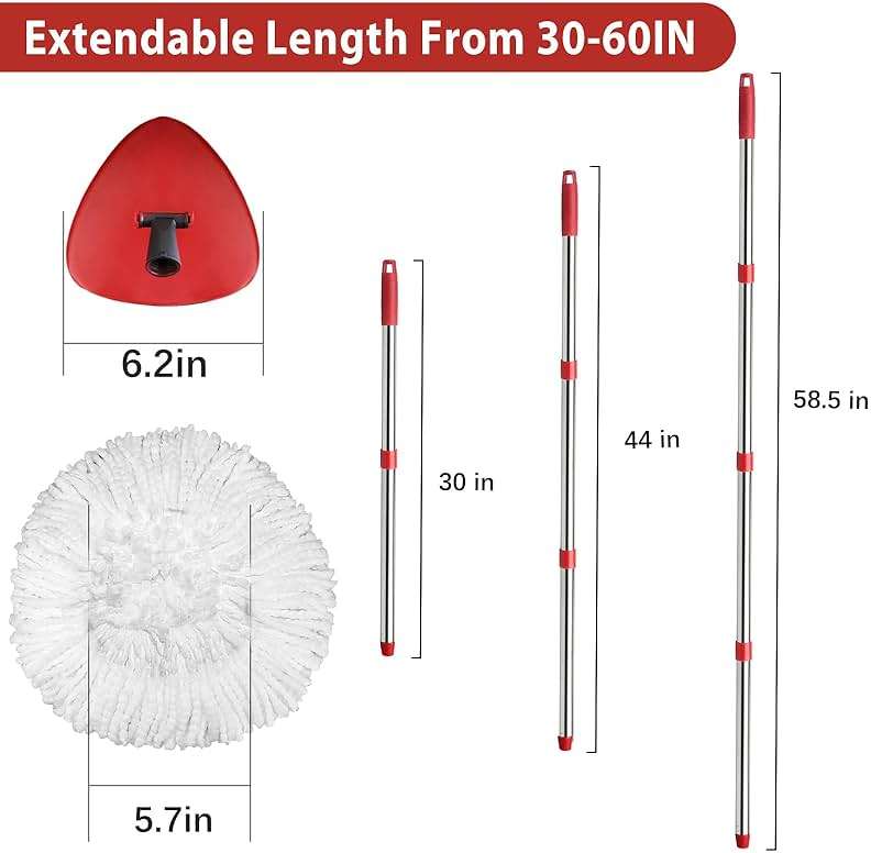 Hibaby 2 Spin Mop Head Replacement, 1 Base, 1 Mop Handle (30-58in) Combo Mops Set Compatible with OCedar EasyWring RinseClean Microfiber Mops (White (1-Tank System)) - Image 4