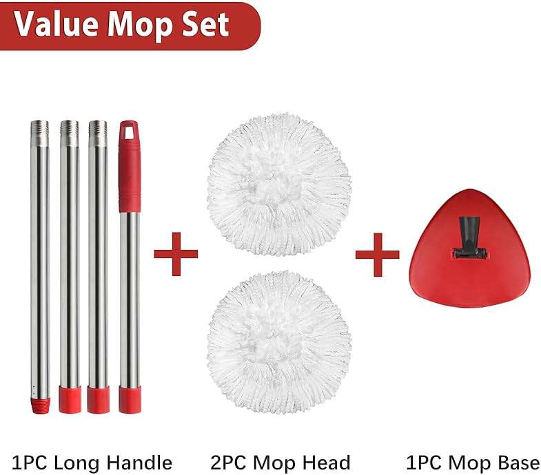 Hibaby 2 Spin Mop Head Replacement, 1 Base, 1 Mop Handle (30-58in) Combo Mops Set Compatible with OCedar EasyWring RinseClean Microfiber Mops (White (1-Tank System)) - Image 6