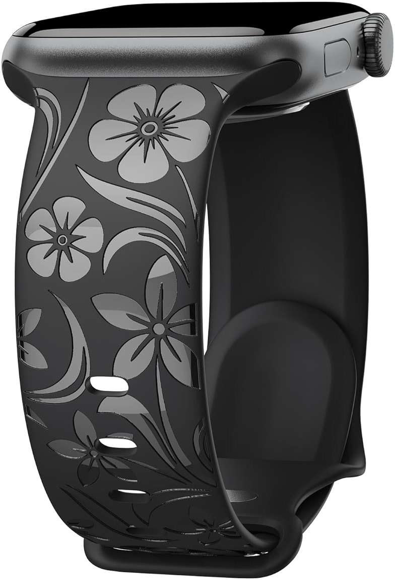 Floral Engraved Band Compatible with Apple Watch Band 38mm 40mm 41mm 42mm 44mm 45mm 46mm 49mm, Designer Silicone Glossy Wildflower Strap for iWatch Band Series Ultra 11 10 9 8 7 6 SE 5 4 3 - Image 1